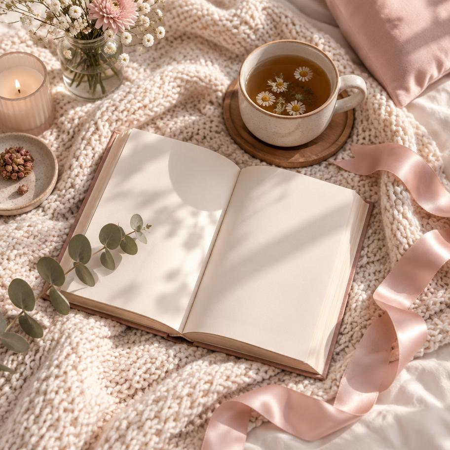 Momento de leitura acolhedora com chá e manta